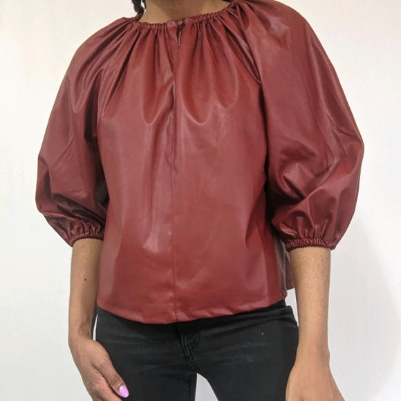 Who What Wear Tops - Who What Wear Faux Leather Balloon Sleeve Top